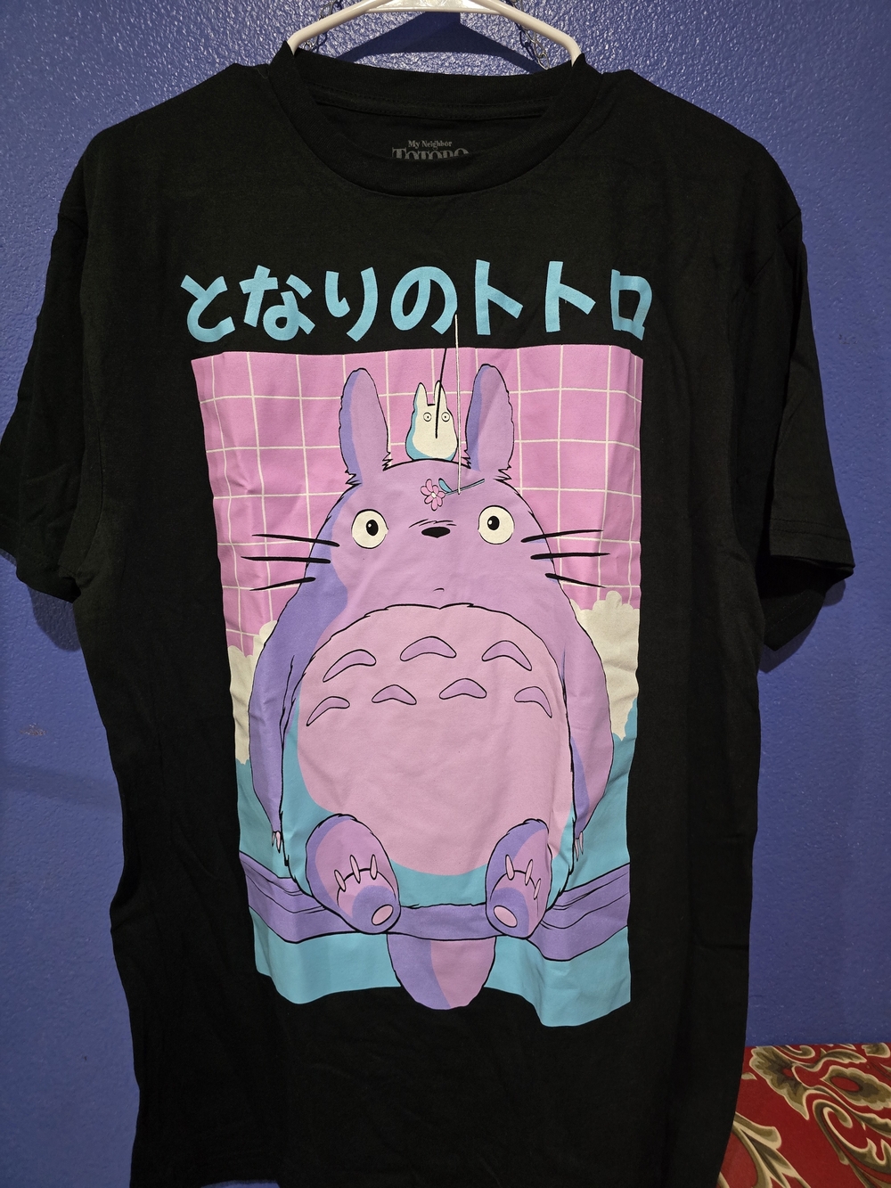 Hot Topic Black Tee with Purple and Aqua Totoro Graphic